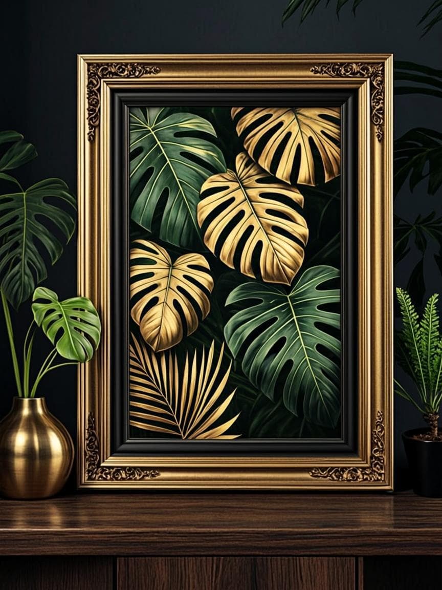 Premium champagne gold framed botanical art print with Monstera leaves